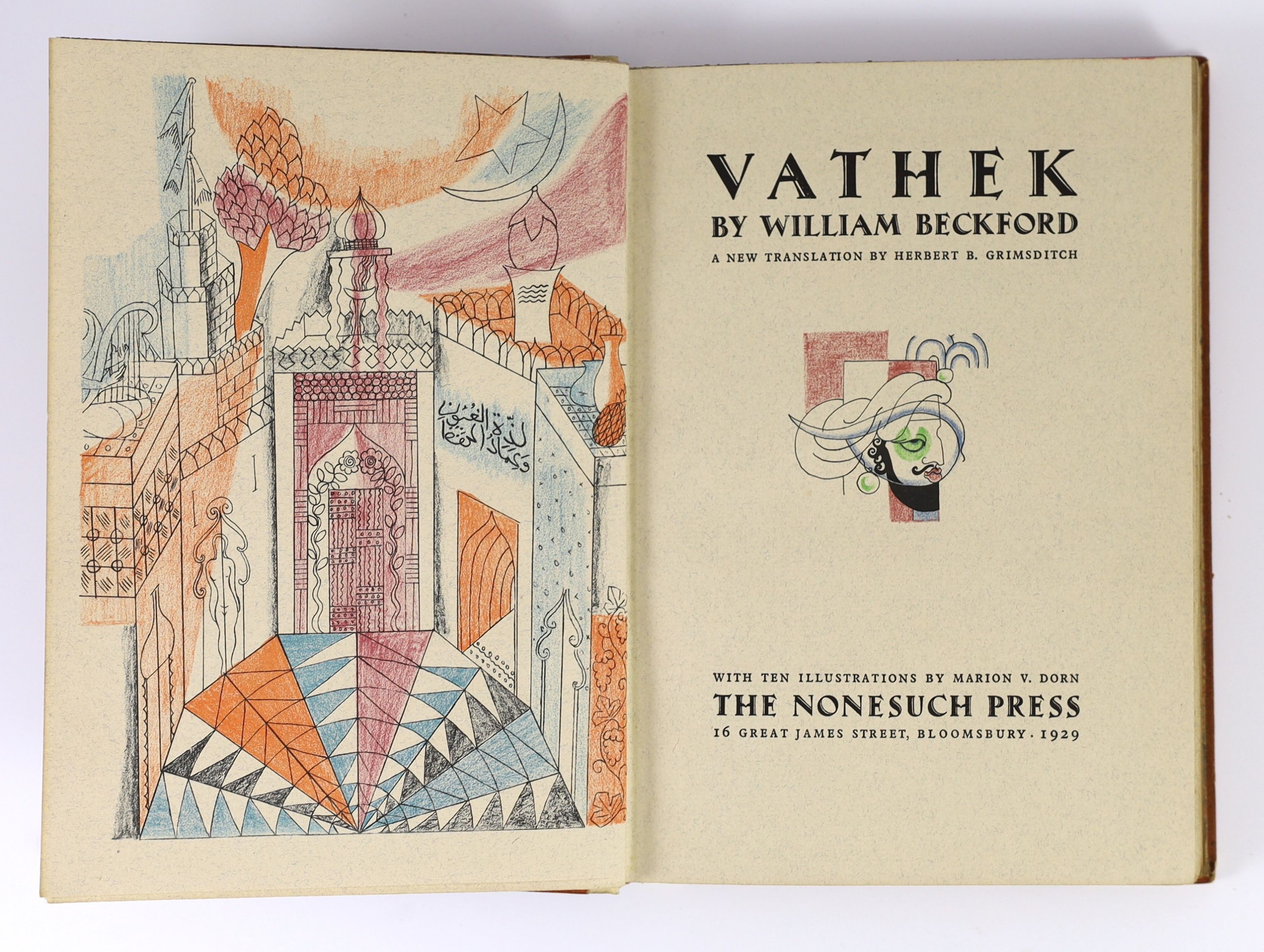 Nonesuch Press - Beckford, William - Vathek, one of 1050, illustrated with 10 chromolithographs by Marion V. Dorn, 8vo, original quarter vellum over paper covered, boards, London, 1929